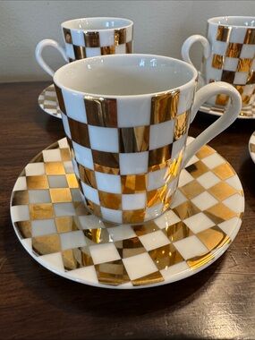 White and Gold Checker Porcelain Espresso Cup & Saucer - Set